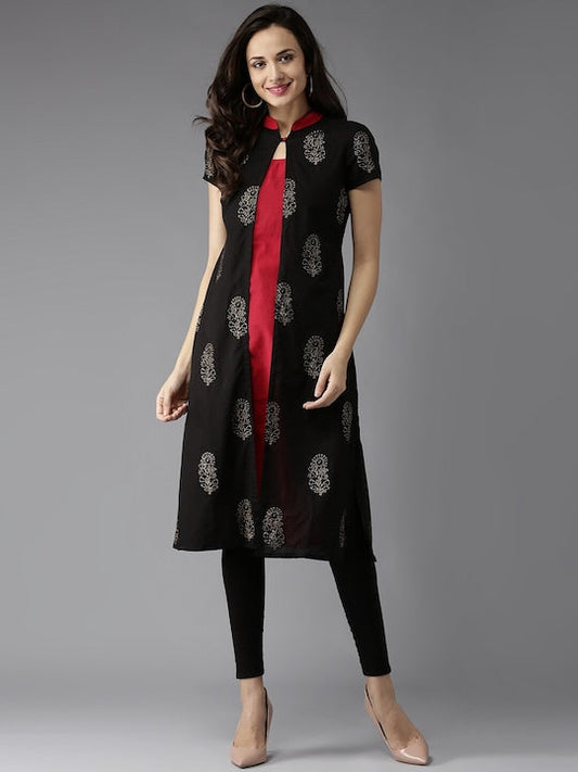 Here&now Women Black & Red Printed Layered A-Line Kurta