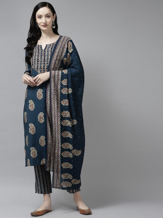 Yufta Women Blue Paisley Printed Thread Work Kurta With Trousers & With Dupatta