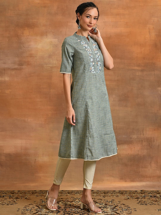 AKS Floral Embroidered Thread Work Cotton A-Line Kurta