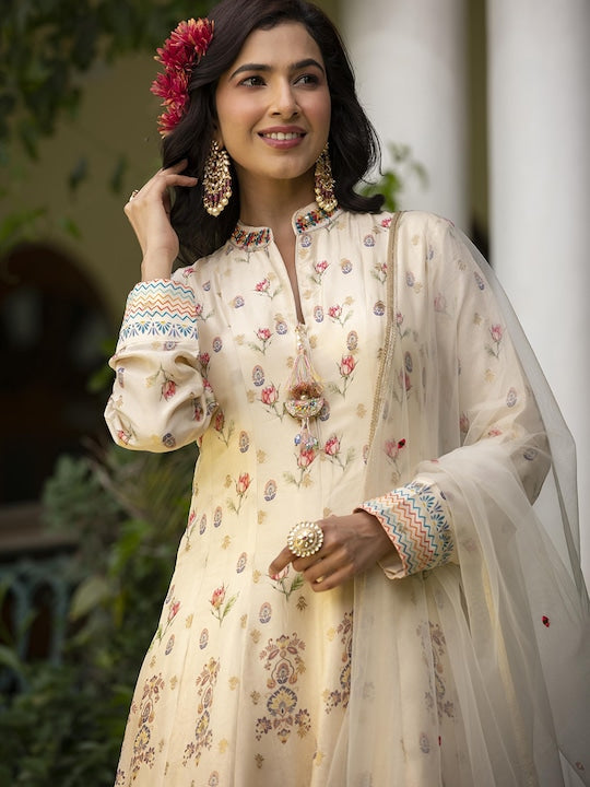 Scakhi Dola Silk Floral Printed Anarkali Gown With Net Embroidered Dupatta