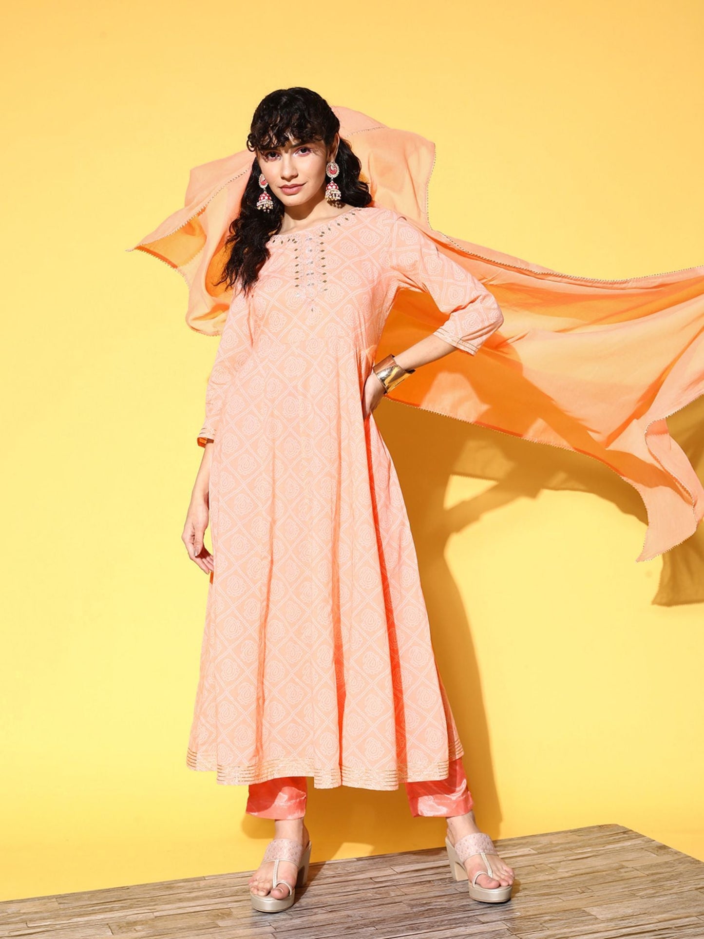 ISHIN Womens Cotton Blend Peach Embroidered Anarkali Kurta with Dupatta (Set of 2)