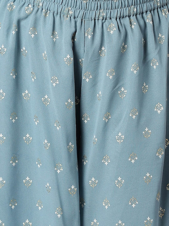 AURELIA Women Blue Floral Embroidered Kurta with Palazzos & With Dupatta