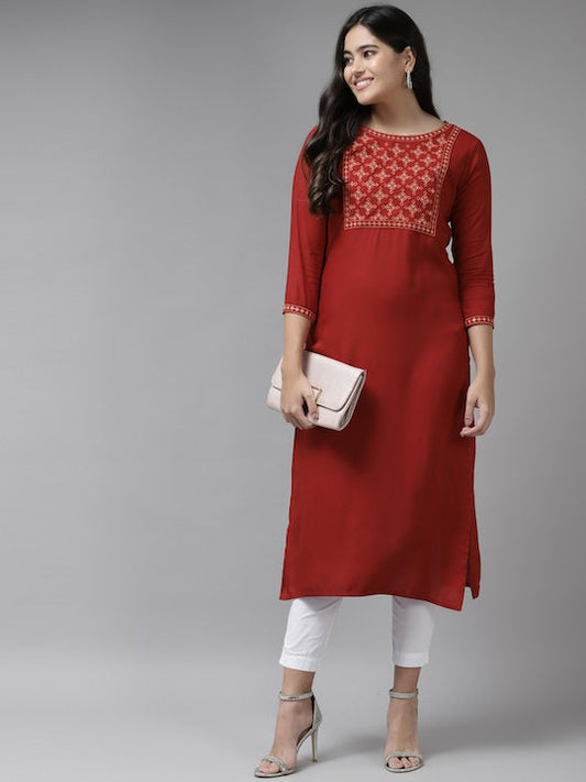Yufta Women Red Ethnic Motifs Yoke Design Kurta