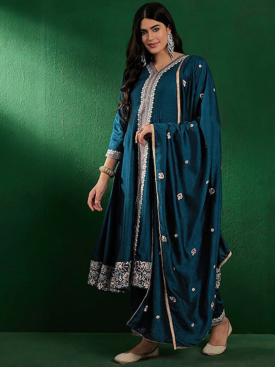 Sangria Ethnic Motifs Embroidered Regular Kurta With Trousers & With Dupatta