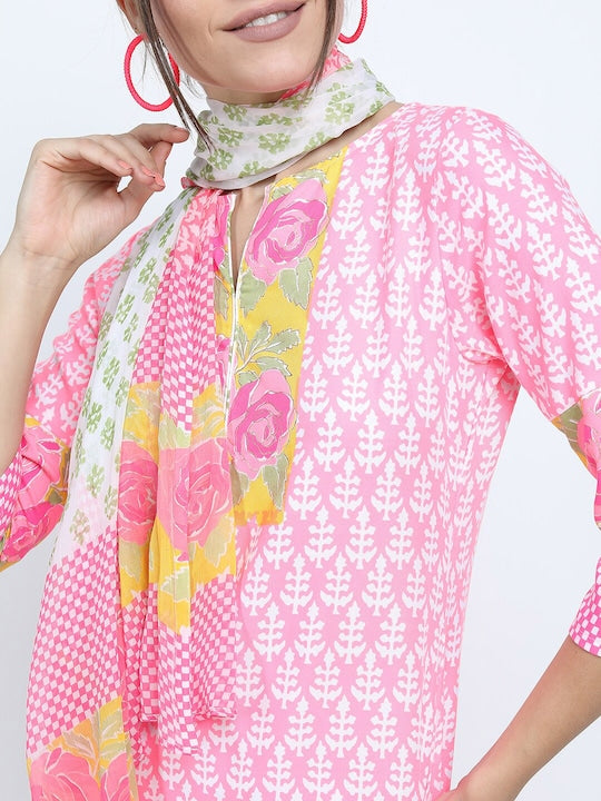 Vishudh Women Pink Floral Yoke Design Cotton Blend Kurta Palazzo With Dupatta