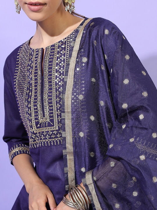 Vishudh Women Purple Embroidered Kurti with Trousers