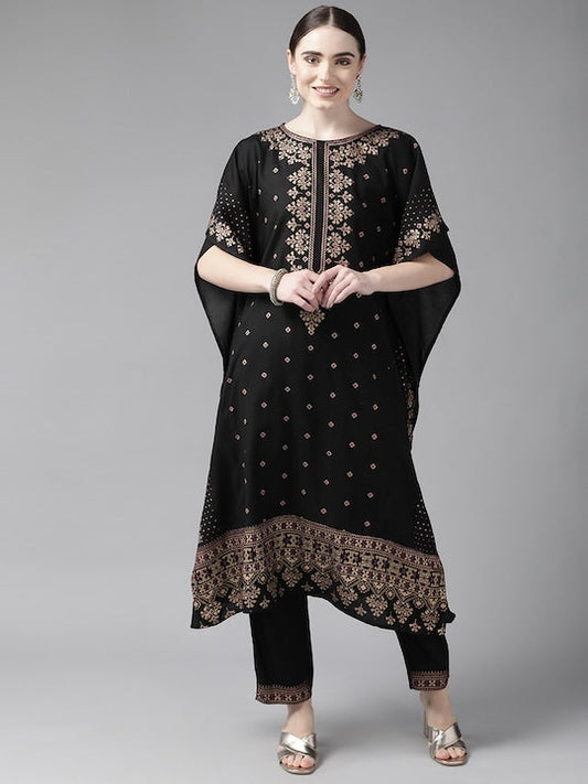 Yufta Women Black Printed Kaftan Kurta with Trousers - M