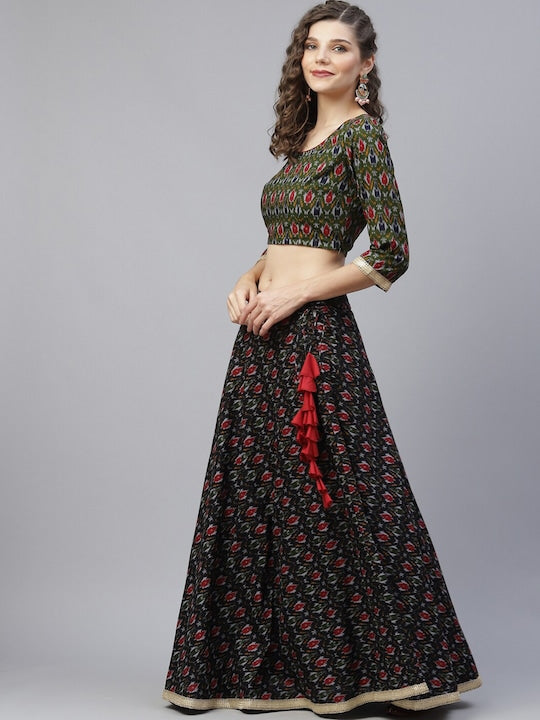 AKS Printed Ready To Wear Cotton Lehenga & Blouse With Dupatta