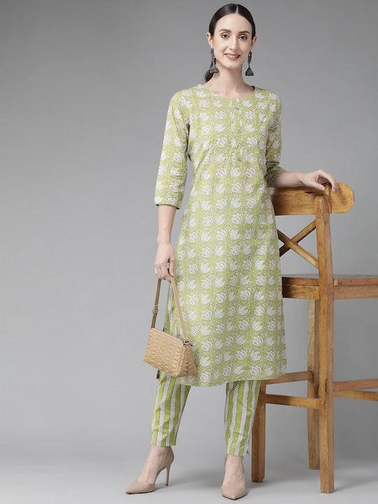 Yufta Women Green Ethnic Motifs Printed Sequinned Pure Cotton Kurta with Trousers