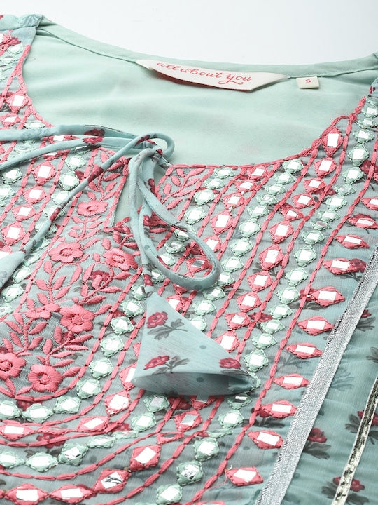 All about you Ethnic Motifs Embroidered Gotta Patti Chanderi Silk Kurta With Sharara