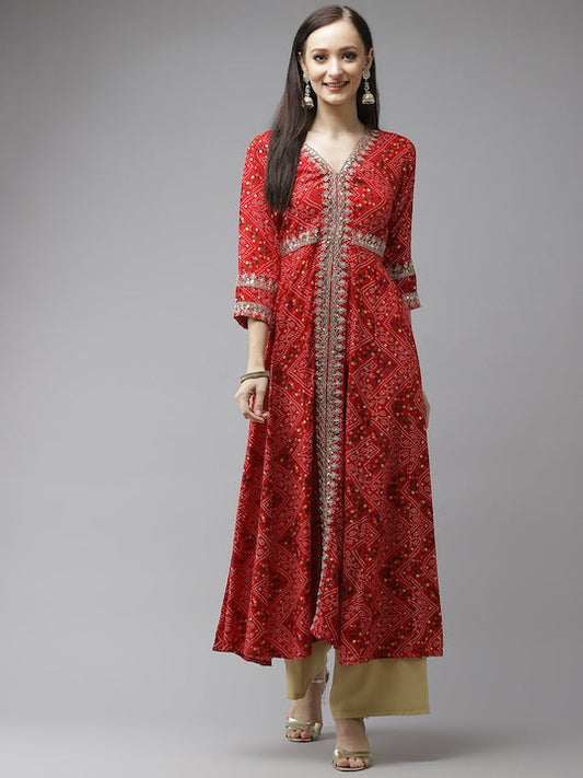 Yufta Women Red Bandhani Printed Flared Sleeves Kurta