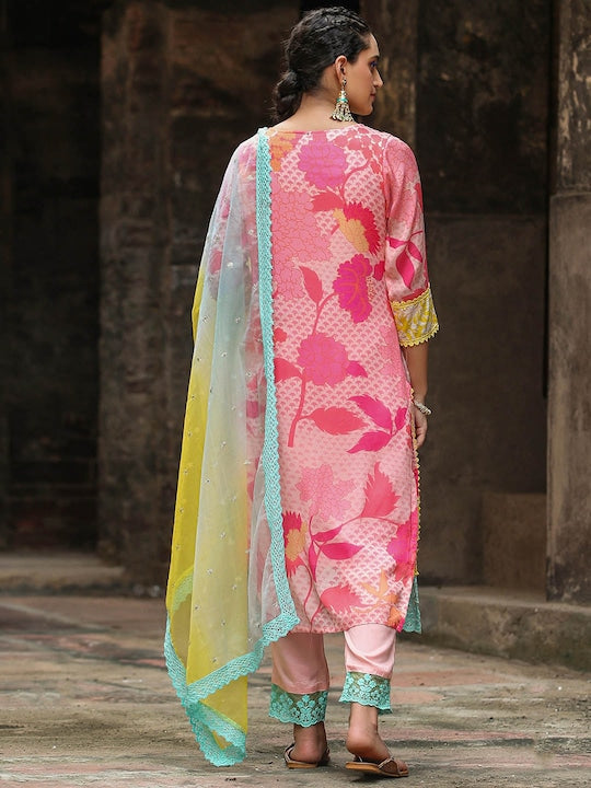 Scakhi Floral Printed Regular Kurta with Trousers & Dupatta