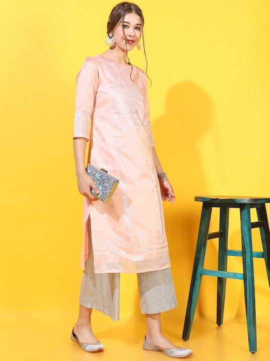 Vishudh Women Peach-Coloured Woven Design Kurta