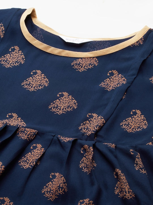 MomToBe Women Navy Blue Printed Maternity Nursing Anarkali Kurta