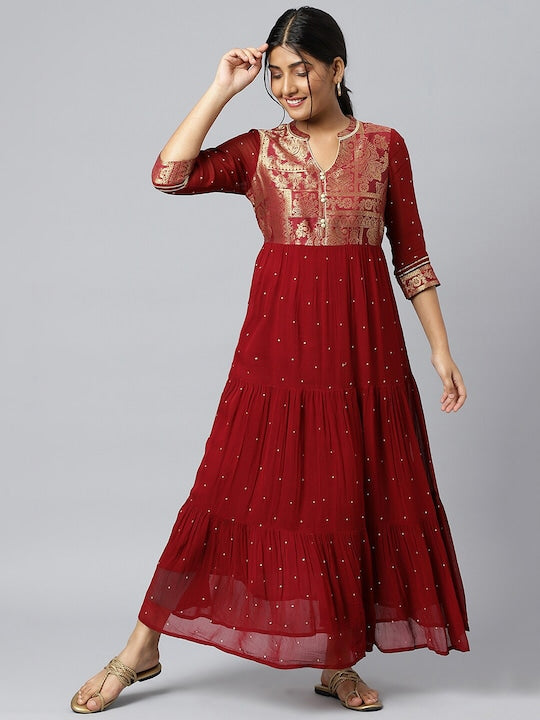Aurelia Maroon & Gold Printed Ethnic Motifs Maxi Dress