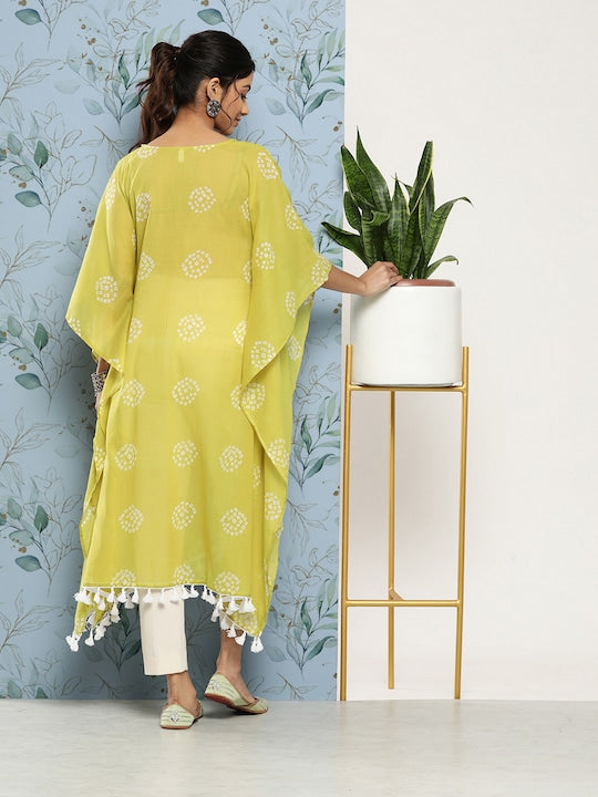 Yufta Women Bandhani Printed Flared Sleeves Pure Cotton Kaftan Kurta - XL