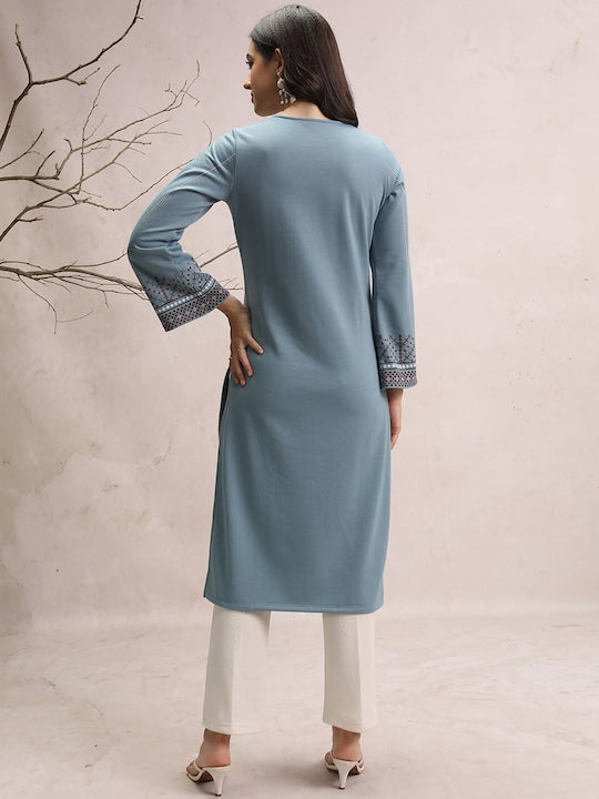 Vishudh Blue Geometric Printed Flared Sleeve Pastels Winter Straight Kurta