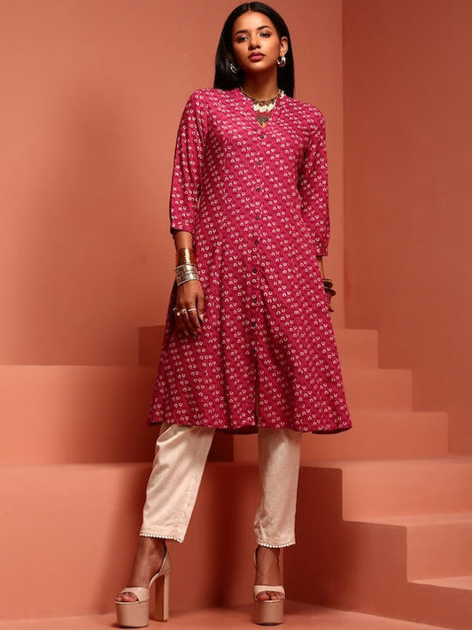 IMARA Floral Printed Mandarin Collar A-Line Kurta