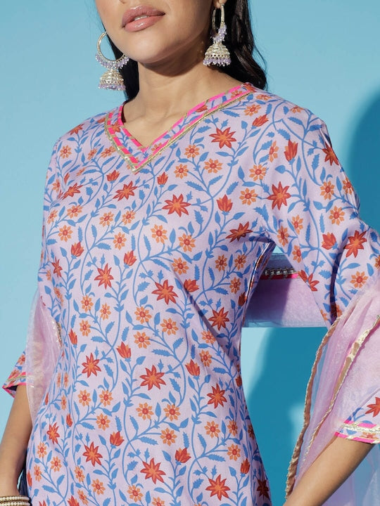 Myshka Floral Printed Regular Gotta Patti Kurti with Trouser & Dupatta