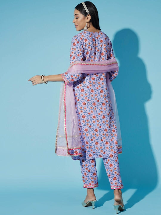 Myshka Floral Printed Regular Gotta Patti Kurti with Trouser & Dupatta