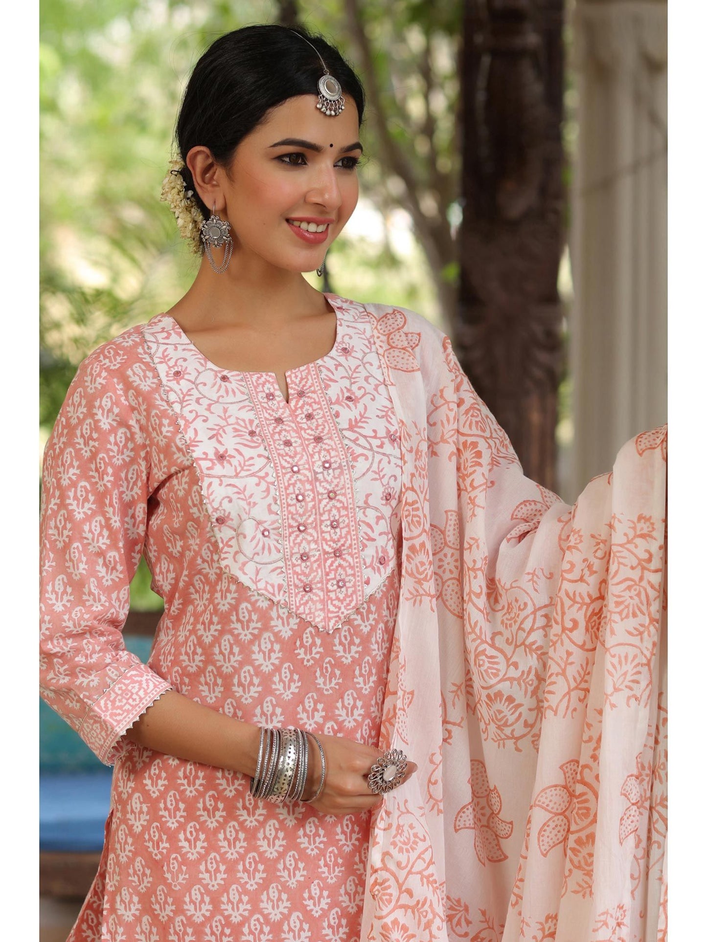 PIROH Womens Floral Print Kurta Pant Mulmul Dupatta Set (Set of 3)