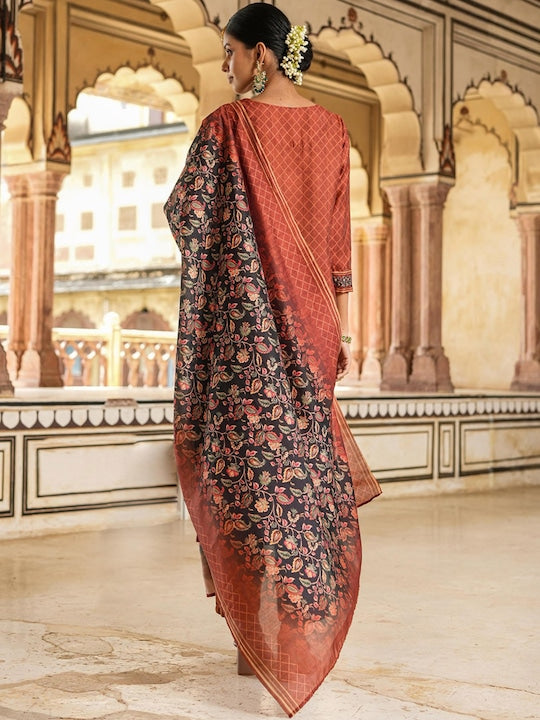 Scakhi Thread Work Chanderi Silk Kurta with Trousers & Dupatta