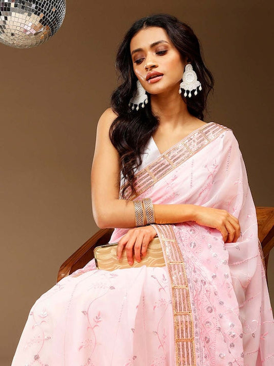 Sangria Pink Embellished Pure Georgette Saree
