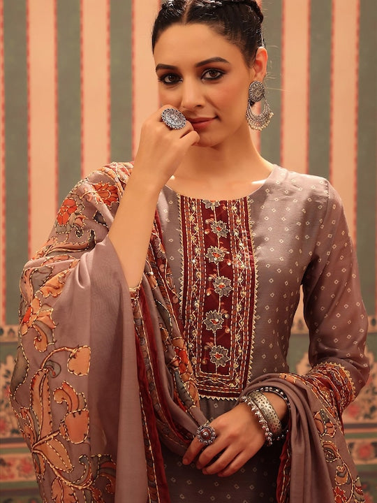 Scakhi Ethnic Motifs Printed Kantha Work Chanderi Silk Kurta With Trousers & Dupatta