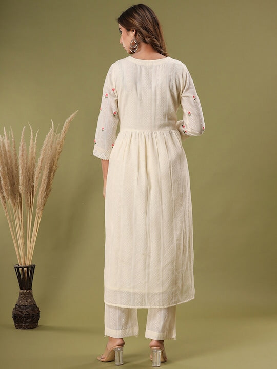 Vishudh Floral Embroidered Empire Pure Cotton Kurta with Trousers & Dupatta