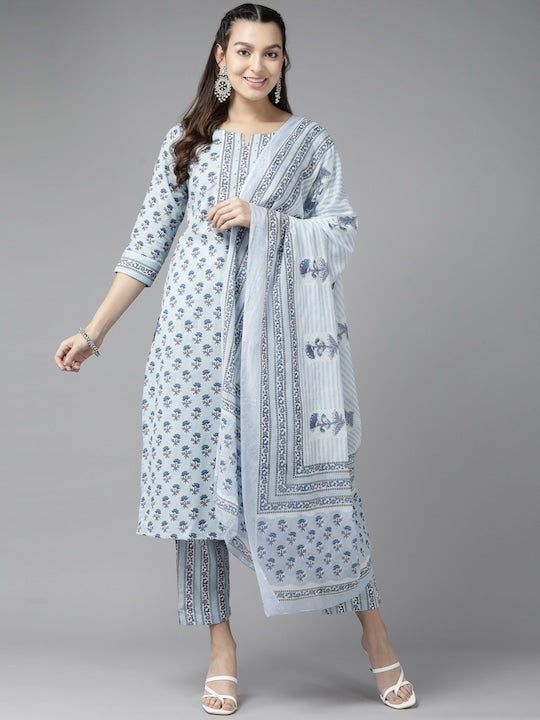 Yufta Floral Printed Beads and Stones Pure Cotton Kurta With Trousers & Dupatta