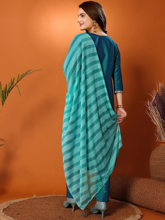 Fabmora Ethnic Motifs Embroidered Regular Zari Straight Kurta With Trouser &Dupatta