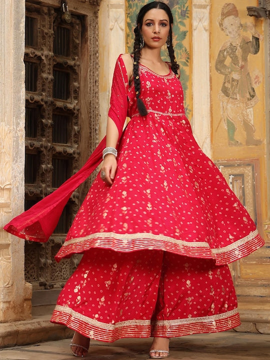 SCAKHI Women Fuchsia Bandhani Printed Gotta Patti Kurti with Sharara & Dupatta