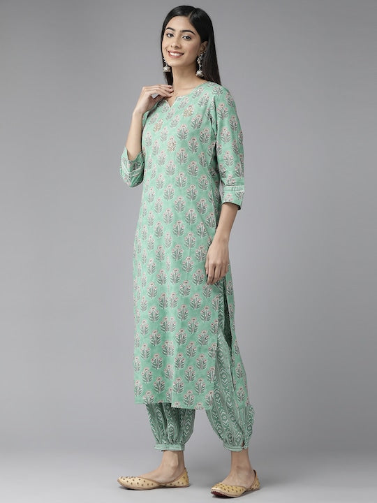 Yufta Women Floral Printed Gotta Patti Pure Cotton Kurta With Harem Pants & With Dupatta