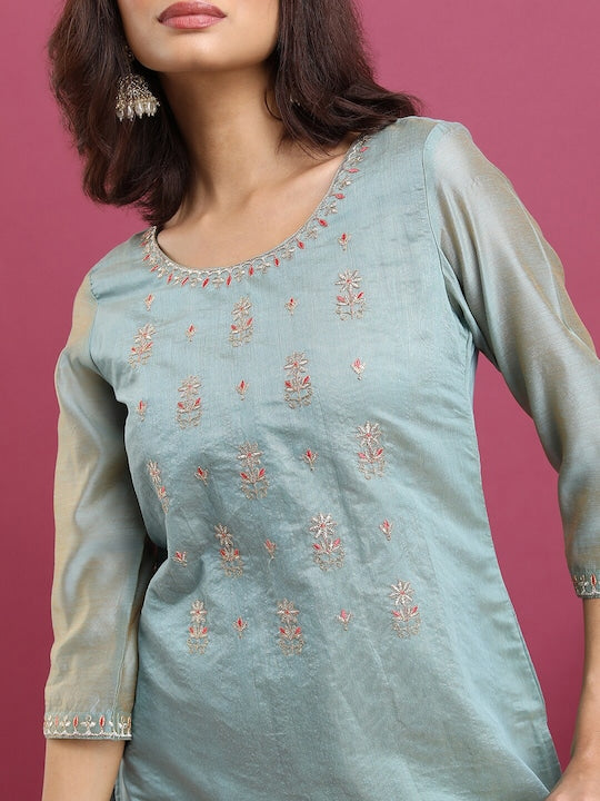 Vishudh Floral Yoke Design Zari Straight Kurta