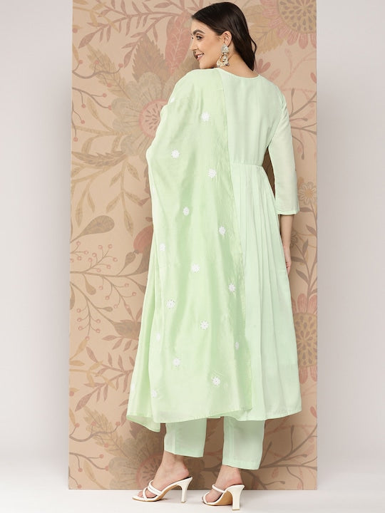 Yufta Women Floral Embroidered Pleated Thread Work Kurta with Trousers & With Dupatta