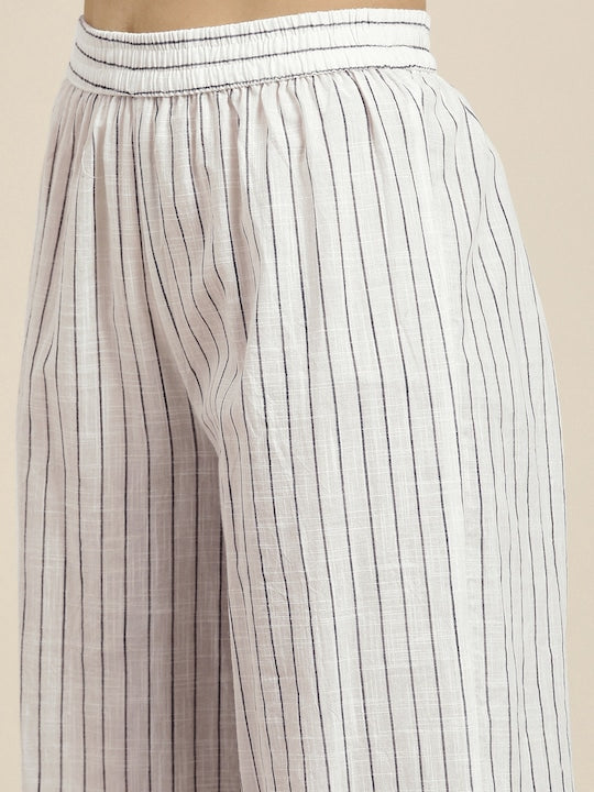 Vishudh Women Off-White & Black Checked Straight Kurta With Striped Palazzos