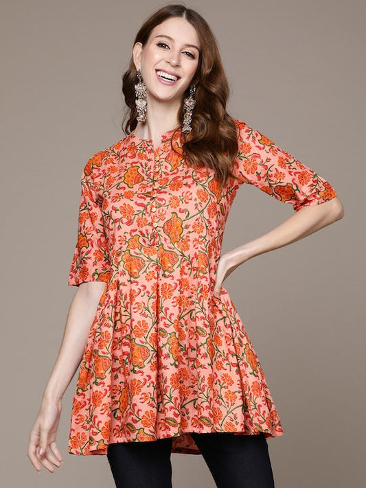 Anubhutee Peach Coloured & Orange Floral Printed Kurti
