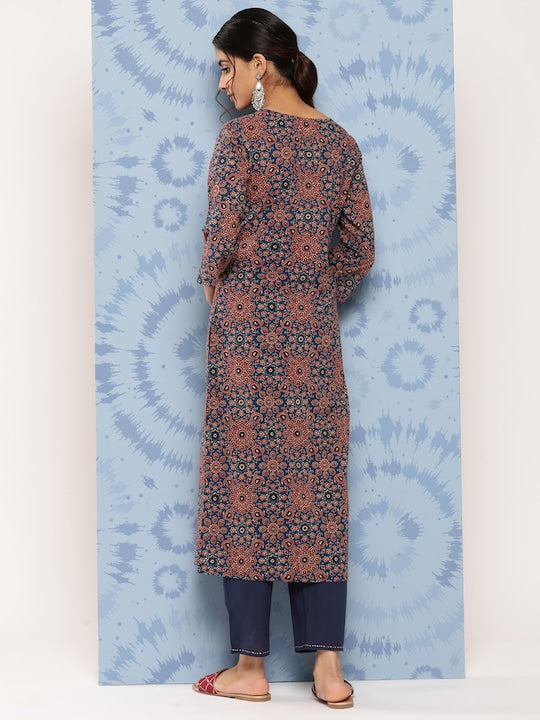Yufta Ethnic Motifs Printed Regular Pure Cotton Kurta with Palazzos