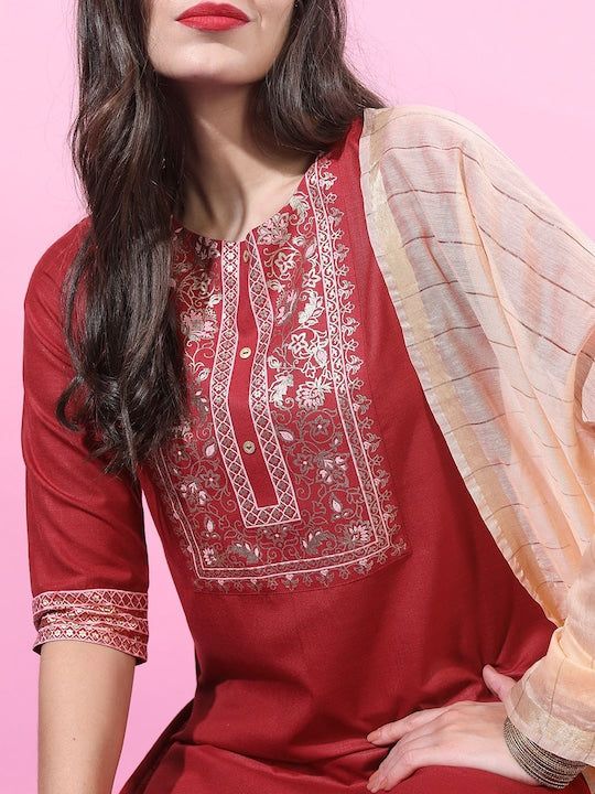 Vishudh Women Red Ethnic Motifs Yoke Design Kurta with Trousers & With Dupatta