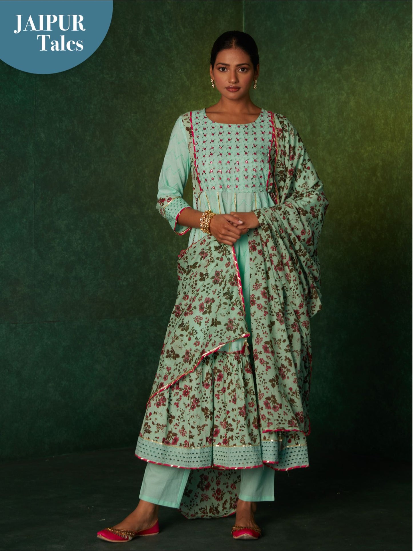 Likha Green Schiffli Mirror Work Anarkali Set & Dupatta LIKSKD166 (Set of 3)