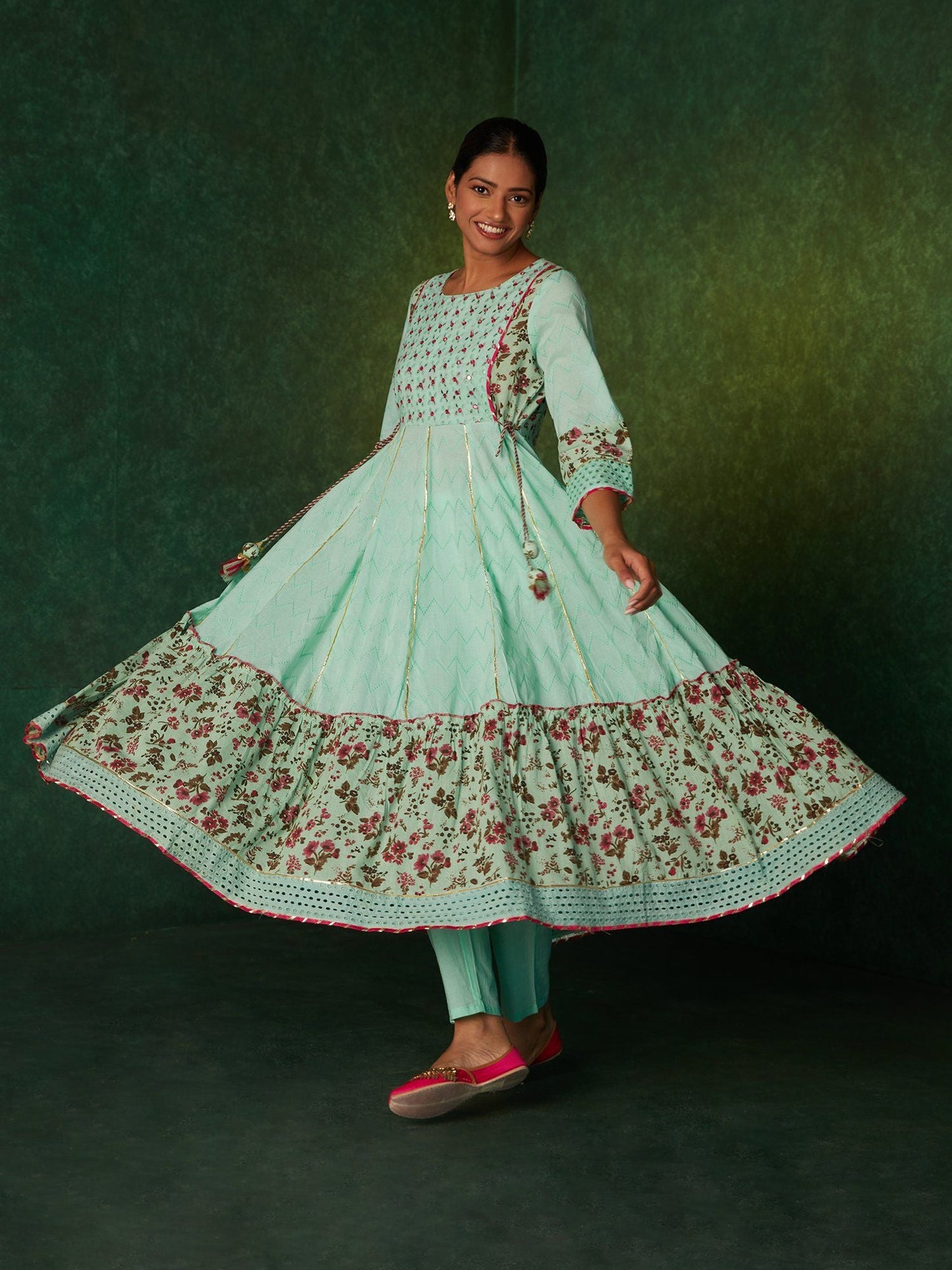 Likha Green Schiffli Mirror Work Anarkali Set & Dupatta LIKSKD166 (Set of 3)