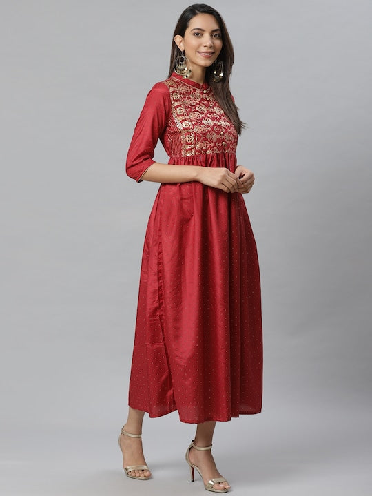 Aurelia Women Maroon & Golden Embellished A-Line Dress