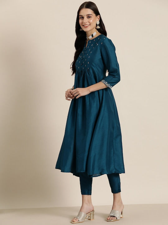 Here&now Teal Ethnic Motifs Yoke Design Thread Work Kurta