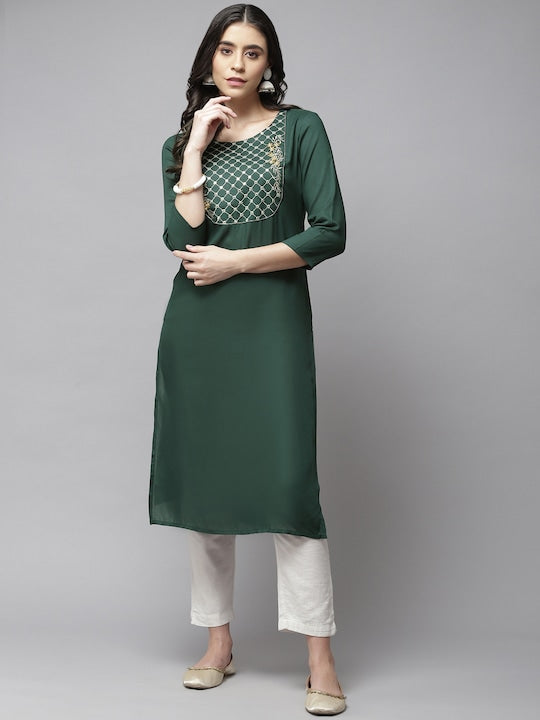 Yufta Women Green Ethnic Motifs Embroidered Mirror Work Kurta