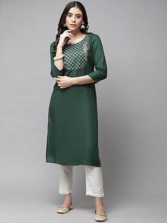 Yufta Women Green Ethnic Motifs Embroidered Mirror Work Kurta