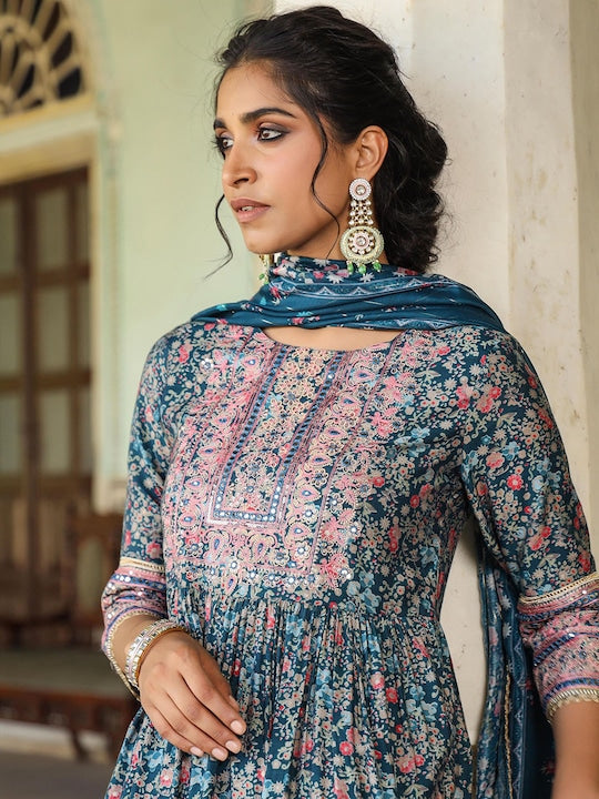 Scakhi Floral Printed Empire Mirror Work Chanderi Silk Kurta With Trousers & Dupatta