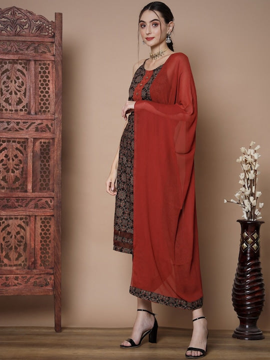 Myshka Ethnic Motifs Printed Regular Pure Cotton Kurta With Trousers & Dupatta