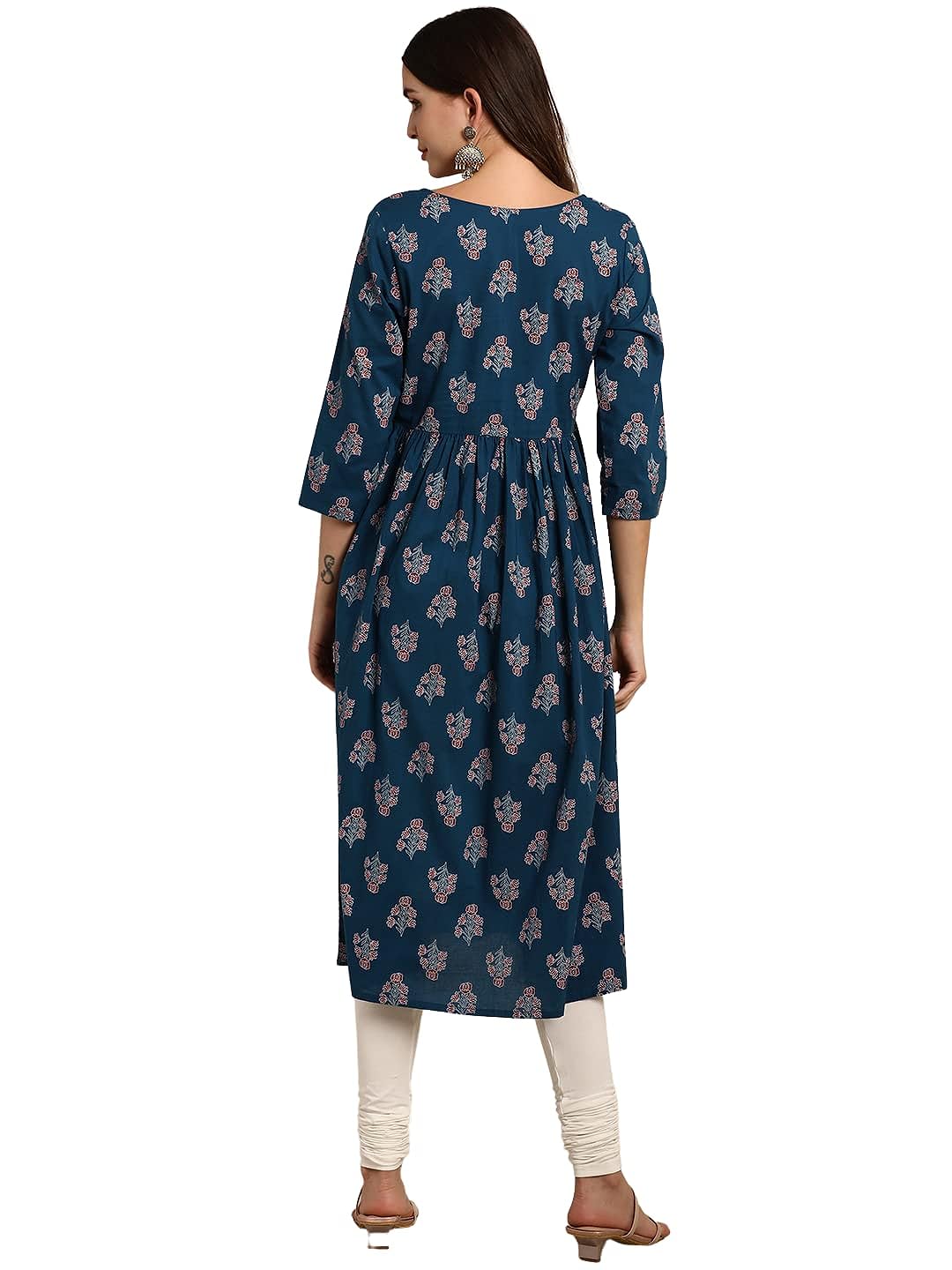 Janasya Women's Teal Cotton Kurta