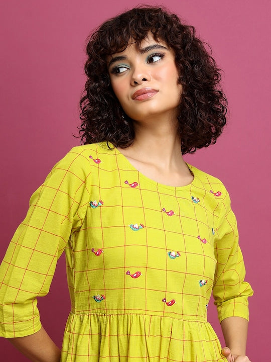 Vishudh Yellow Checked Cotton A-Line Midi Dress