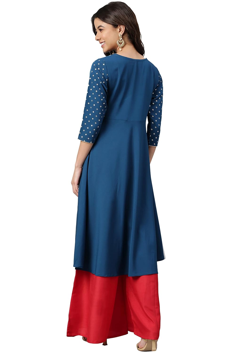 Janasya Women's Teal Poly Crepe Printed A-line Kurta